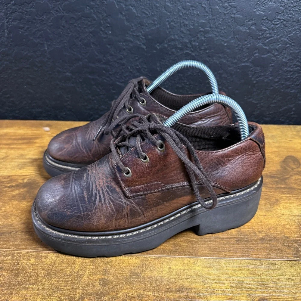 American Eagle 1977 Brown Leather Chunky Platform Oxfords Womens Size 38